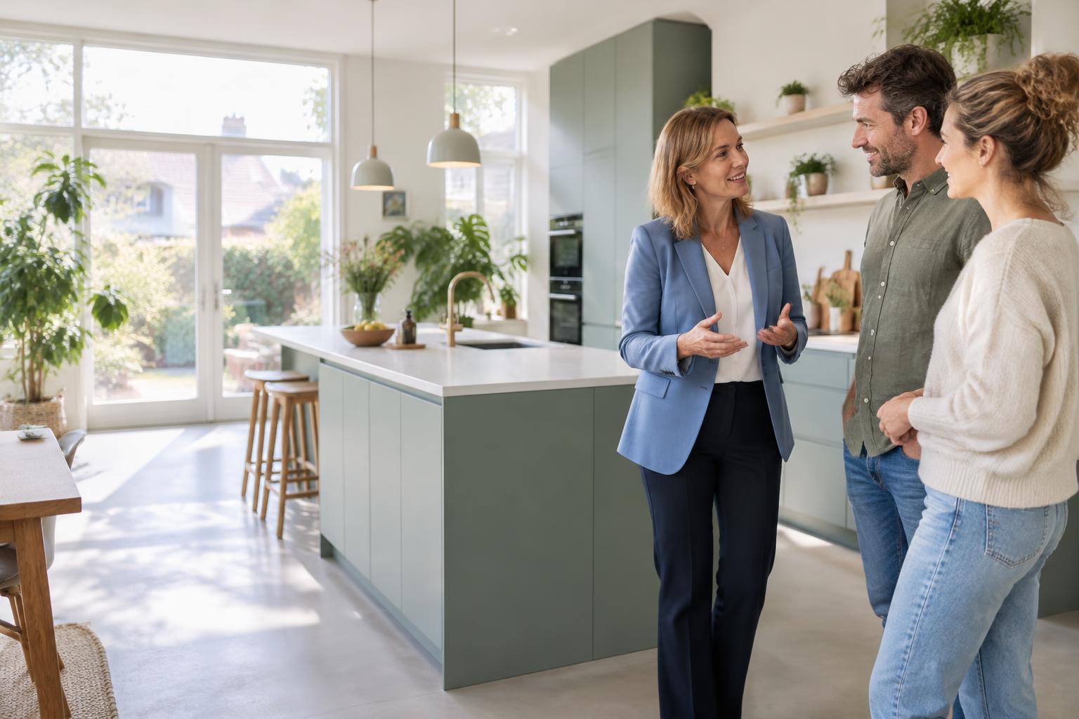 Een verzekeringsadviseur bespreekt met bewoners hun vernieuwde woning